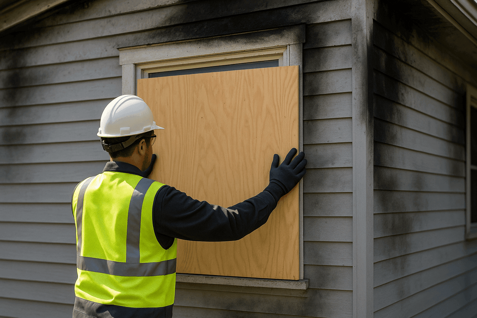 Technician boarding up fire-damaged home window with plywood