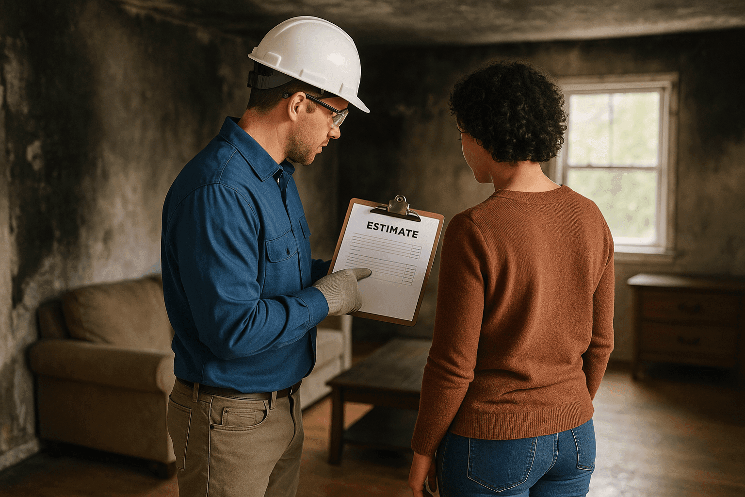 Technician reviewing fire damage estimate with homeowner in living room