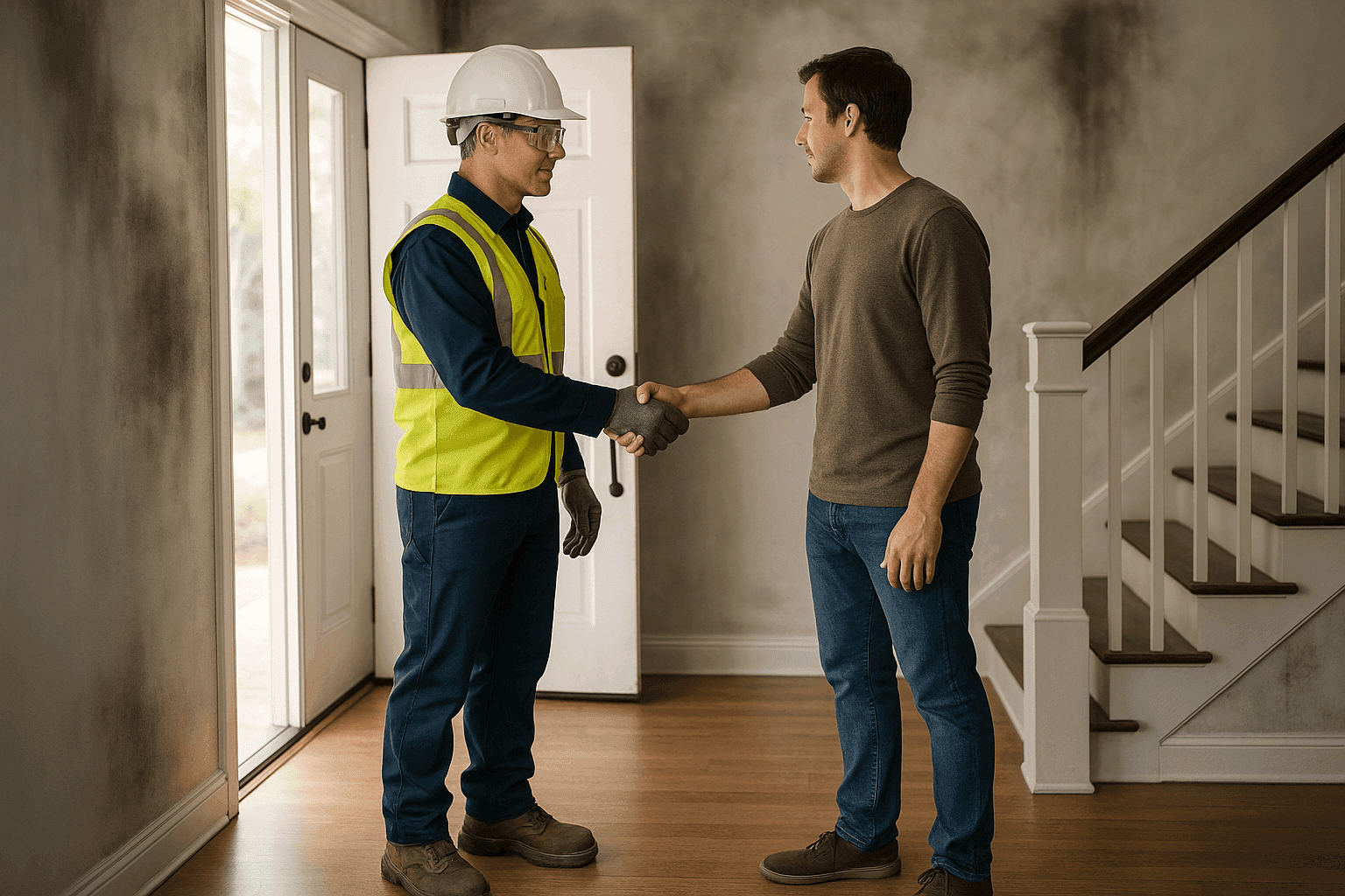 Technician shaking hands with homeowner in fire-damaged entryway