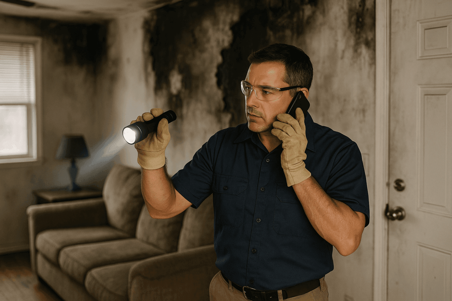 Homeowner inspecting fire damage in living room before professional restoration