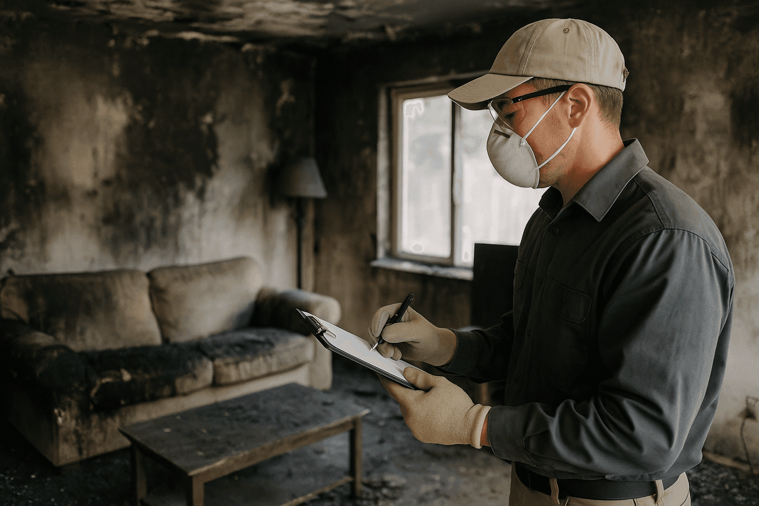 Fire damage restoration technician inspecting soot-covered living room